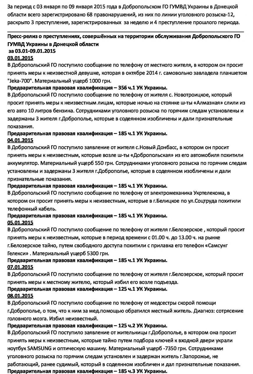 Сводка преступлений по Добропольскому району с 3 по 9 января 2015 года (фото) - фото 1 Сводка преступлений по Добропольскому району с 3 по 9 января 2015 года (фото) - фото 1