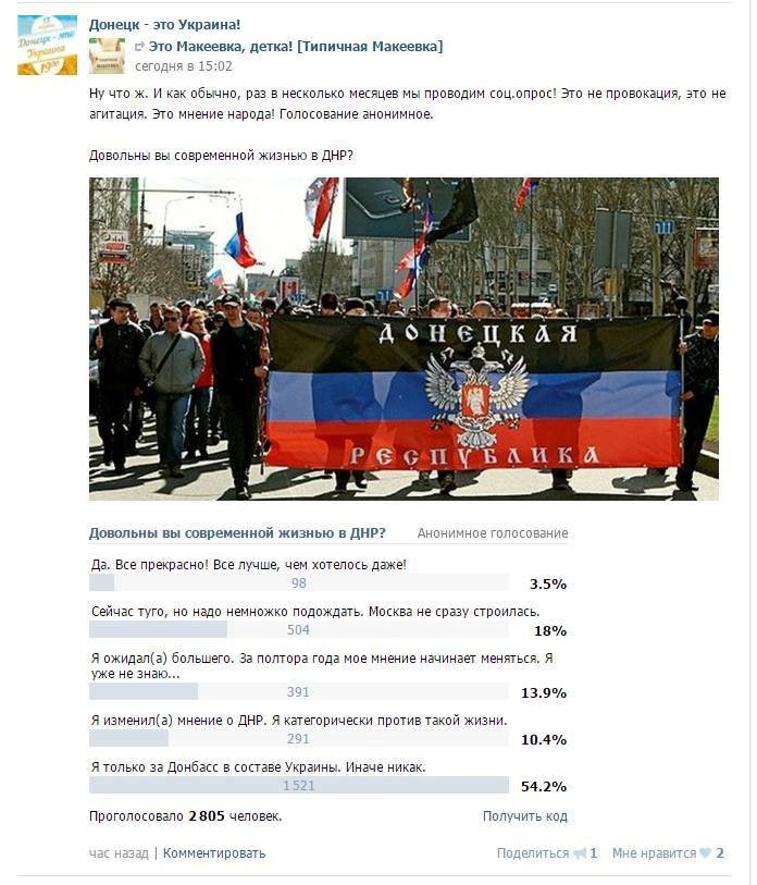 В соцсетях жители «ДНР» голосуют за возвращение Донбасса в состав Украины (фото) - фото 1 В соцсетях жители «ДНР» голосуют за возвращение Донбасса в состав Украины (фото) - фото 1