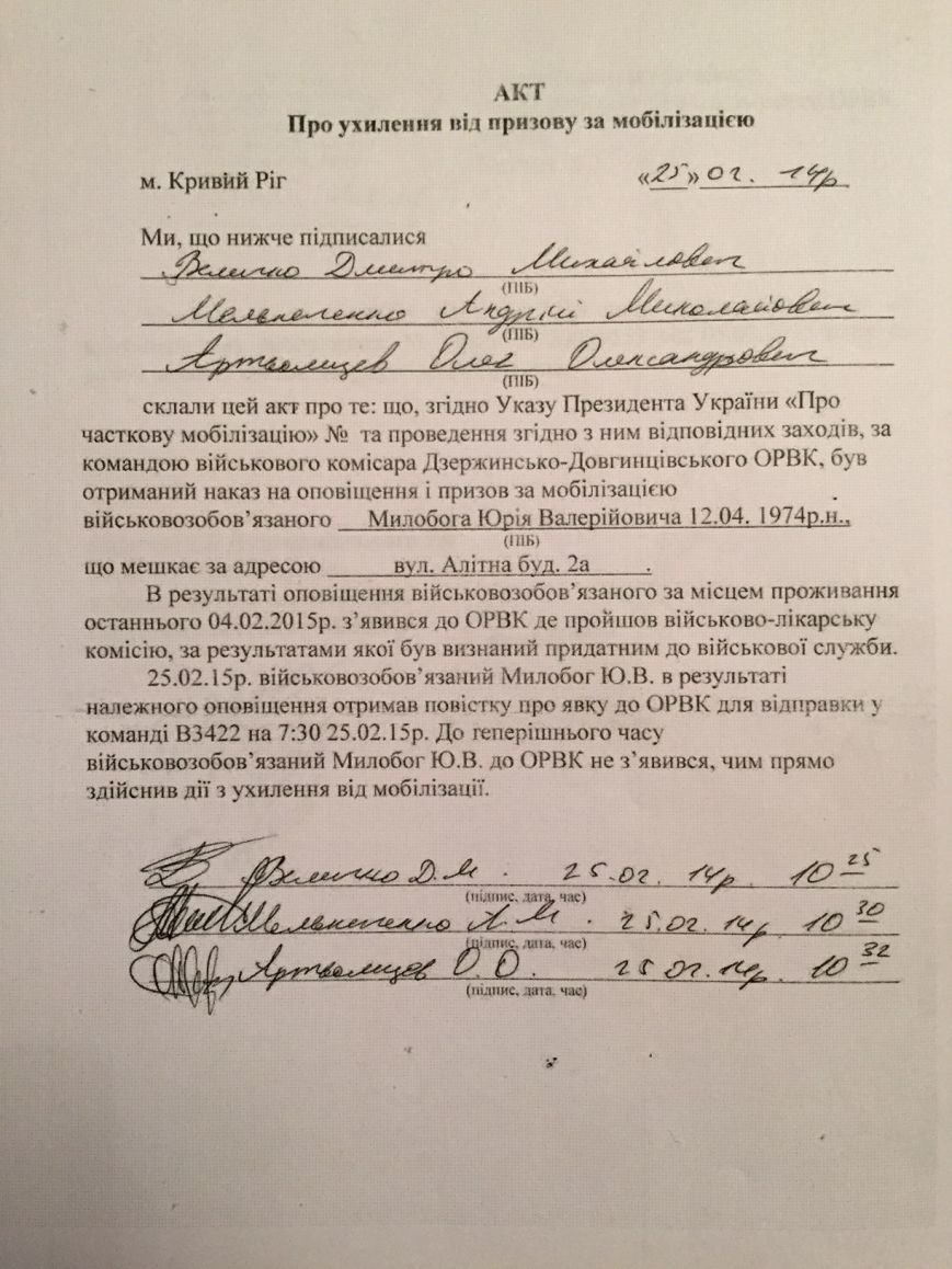 Милобог _ Акт ухилення від мобілізації Милобог _ Акт ухилення від мобілізації