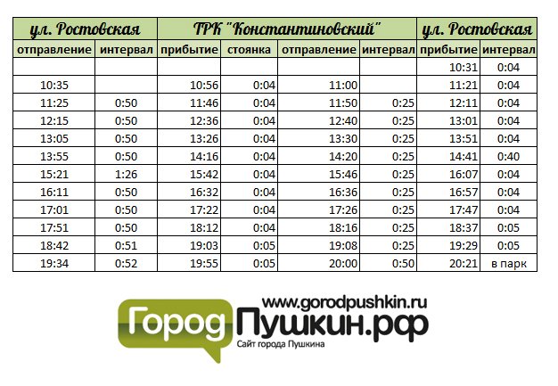 Расписание автобуса от микрорайона "Славянка" Пушкинского района до ТРК "Константиновский" г. Пушкин